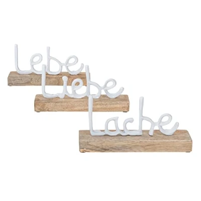 Abbildung von levandeo 3er Set Schriftzug Lache Liebe Lebe L22cm Metall Weiß Mango Holz Deko Aufsteller Tischdeko Wohndekoration
