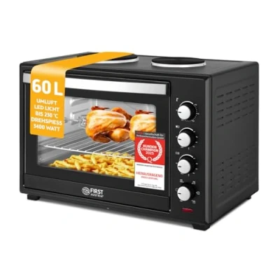 Abbildung von TZS FIRST AUSTRIA Minibackofen Pizzaofen mit Kochplatten, 60L, 3400W, Mini Backofen Umluft, max 230C, Backblech, Drehspieß, Grillrost, Innenbeleuchtung