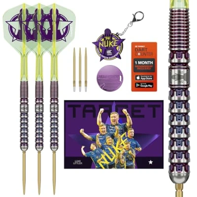 Abbildung von Target Darts Luke Littler World Champion Swiss Point Steeldarts, 90% Tungsten Dart Set, 23G The Nuke 2025 Special Edition K Flex, Inklusive Schlüsselring, SLK Spitzen und Tool