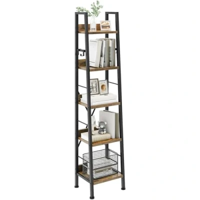 Abbildung von YITAHOME Bücherregal mit 5 Ebenen, industrielles Leiterregal, freistehendes Bücherregal, Holzregale und Metallrahmen, modernes Regal für Wohnzimmer, Flur, Büro, Vintagebraun
