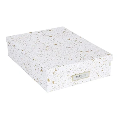 Abbildung von BIGSO BOX OF SWEDEN Dokumentenbox für A4 Papier, Broschüren usw. Schreibtischablage mit Deckel und Griff Aufbewahrungsbox aus Faserplatte Papier gold gesprenkelt