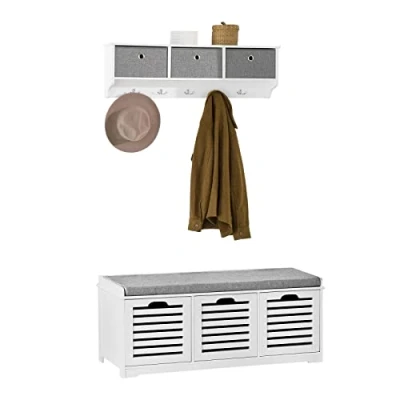 Abbildung von SoBuy Wandgarderobe Set Flurset Flurmöbel Schuhbank mit Sitzfläche Flurgarderobe FSR23 W+FRG282 W