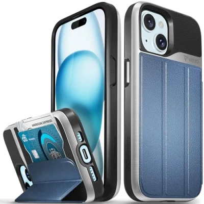 Abbildung von VENA vCommute Brieftaschen Schutzhülle, kompatibel mit Apple iPhone 15 (6,1 Zoll), Fallschutz in Militärqualität, Klapphülle, Leder, Kartenschlitz, Halter Ständer, Silber/Blau