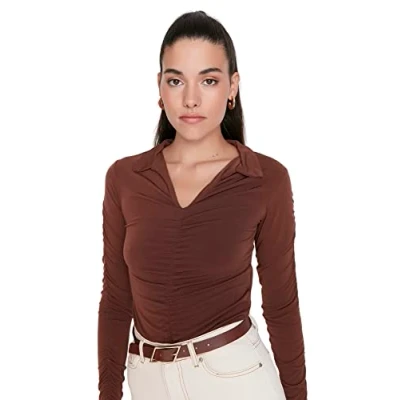 Abbildung von Trendyol Women&#039;s Damen Gerade Lange Ärmel Schlank Die Bluse Blouse, Brown, Small