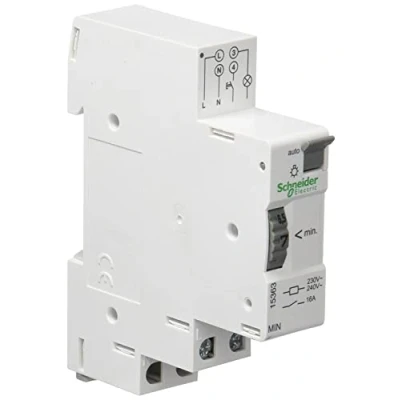 Abbildung von Schneider Electric Elektromechanischer Treppenlichtzeitschalter, MIN 1 7, Dämmerungsschalter und Zeitrelais, Weiss, 15363