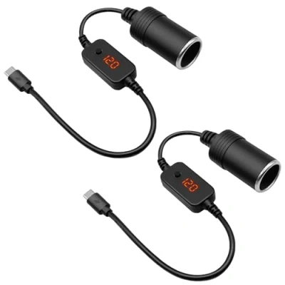 Abbildung von Hoembpn 2 Stück USB C Stecker auf 12V Auto Zigarettenanzünder Buchse Adapter Kabel Konverter mit Voltmeter Anzeige, Einstellbare Spannung 5V/9V/12V, Geeignet für Ladegerät, GPS, Dashcam