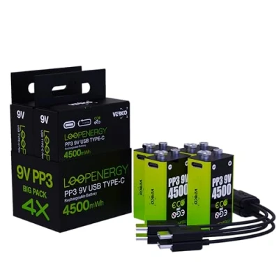 Abbildung von VERICO LoopEnergy 9V Block 4er Pack, PP3, 4500 mWh, Wiederaufladbare USB C Batterie, Li Ion Akku, 2 x Ladekabel Type A auf