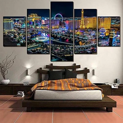 Abbildung von FYZKAY Bilder 5 teilig Leinwandbilder Las Vegas Stadt Landschaft Gemälde Leinwand HD Drucke Wandkunst Home Dekorative Poster Moderne Kunstwerke Rahmenlos