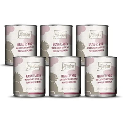 Abbildung von MjAMjAM Premium Nassfutter für Katzen herzhaftes Wild &amp; Kaninchen an fruchtigen Heidelbeeren, 6er Pack (6 x 800 g), getreidefrei mit extra viel Fleisch