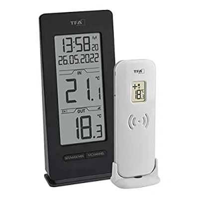 Abbildung von TFA Dostmann Funk Thermometer Innen und Außen, 30.3072.01.90, inkl. Funkuhr Datum, Temperatur messen, Max. Min. Funktion, kabellos, Amazon Exklusiv, schwarz