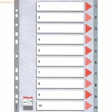 Abbildung von Esselte Register für A4, Deckblatt aus Karton und 10 Trennblätter Kunststoff, Taben mit Zahlenaufdruck 1 10, Überbreite, Grau, 100105
