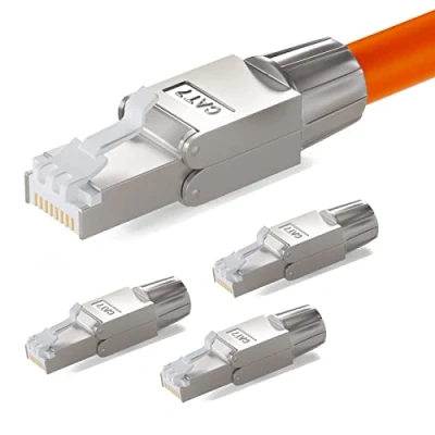 Abbildung von HB DIGITAL 4x CAT 7 RJ45 Stecker Netzwerkstecker für starre LAN Kabel Verlegekabel Ethernet werkzeuglos LSA 10 Gbit/s AWG 22 24 vollgeschirmt STP 50μ vergoldete Kontakte