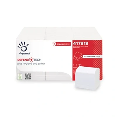 Abbildung von Papernet Defend Tech Interfold Toilettenpapier (417818), Einzelblatt mit antibakterieller Formel, 2 Lagen, 12 Packungen 6 Rollen, 200 Blatt pro Rolle