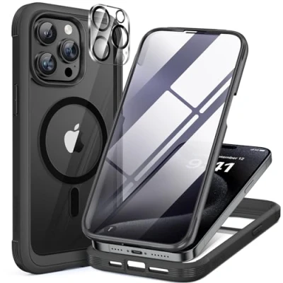 Abbildung von Miracase 360 Grad für iPhone 15 Pro Hülle mit Magsafe, Eingebaut Glas Schutzfolie, Komplettschutz HandyHülle Magnetisch Stoßfest Case Schutzhüllen 6,1 Zoll, Schwarz