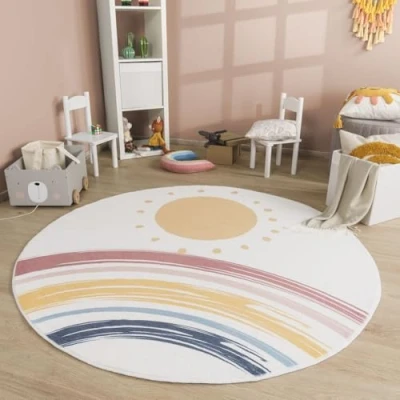 Abbildung von TT Home Babyzimmer Teppich Rund Kinderzimmer Waschbar Regenbogen Sonne, Farbe:Blau Gelb Pink, Größe:120 cm