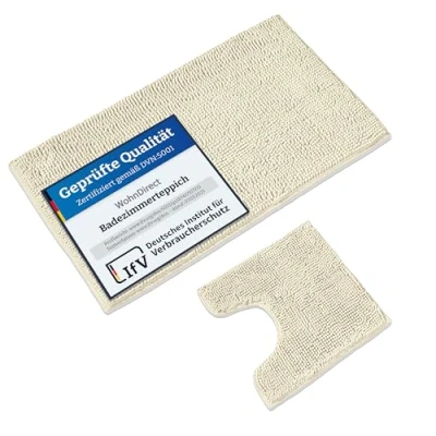 Abbildung von WohnDirect Badematten Set 2 teilig Creme WC Vorleger (45x45cm), Badematte (70x120cm) rutschfest waschbar Badezimmerteppich MIT Ausschnitt