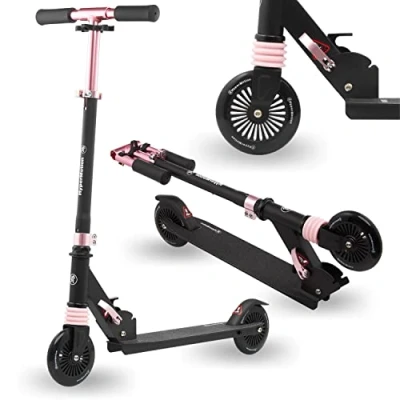 Abbildung von HyperMotion Roller Kinder, Kinderroller 4 9 Jahre, faltbar, Wally Zweiradroller mit Stoßdämpfer, Verstellbarer Lenker, 125mm Gummiräder, Schwarz und Rosa