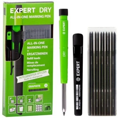 Abbildung von EXPERT DRY All in One Markierstift inkl. 11 Minen mit integriertem Spitzer Nachfüllbarer Tieflochmarker Graphit Set Vielseitig auf Holz, Glas, Metall Zimmermannsbleistift Minenautomatik