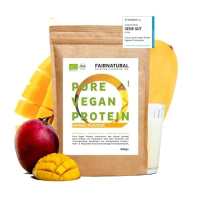 Abbildung von VEGAN Protein Pulver Bio Mango, Veganes Proteinpulver ohne Soja &amp; Chemie [Regional aus Deutschland] 5K pflanzliches Premium » Zum Backen als Shake « 600g Eiweißpulver