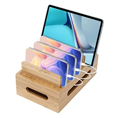 Abbildung von Ladestation für Mehrere Geräte, Holz Ladestation,6 Fächer Desktop Handy Docking Holder USB Zubehör Kompatibel Dockingstationen mit Telefon, Tablet, Uhr, Ohrhörern