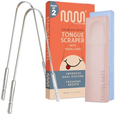 Abbildung von MasterMedi Zungenschaber mit Etui (2er Pack), aus 100% Edelstahl gegen Mundgeruch, einfach zu verwendender für Erwachsene, Zungenreiniger Mundpflege &amp; Hygiene