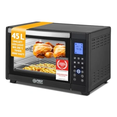 Abbildung von TZS FIRST AUSTRIA Minibackofen Mini Backofen, 45L, 2000 Watt, Digitalanzeige, Elektroofen, Pizzaofen, für den Tischgebrauch, Backen &amp; Grillen, inkl. Drehspieß