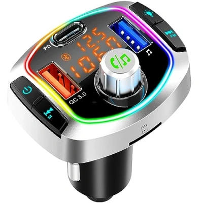 Abbildung von GizmoVine Bluetooth Adapter Auto, FM Transmitter Auto mit Dual USB Anschlüsse QC 3.0 Typ C PD Schnellladung, Unterstützung Handy Freisprechanlage, Musik MP3 Player, SD Karte, 7 RGB Beleuchtungsmodi