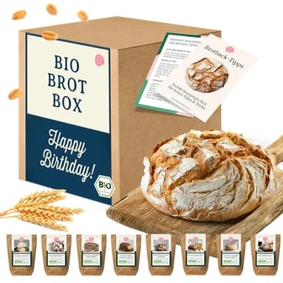 Abbildung von Bake with Love Brot Geschenkset zum Geburtstag Bio Probierbox Happy Birthday Geburtstagsgeschenk für Frauen und Männer Geschenkkorb gefüllt mit 8 Brotbackmischungen backen