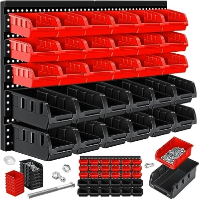 Abbildung von MASKO® Stapelboxen + Wandregal 32 teiliges Set Box Sichtlagerkästen Schüttenregal Steckregal, Hängeregal, Sortimentskasten, Kleinteilemagazin, Werkstatt Regal, Schwarz / Rot