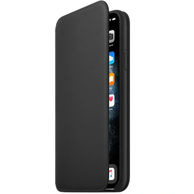 Abbildung von Apple iPhone 11 Pro Max Hülle Echtleder Original Klapphülle Handyhülle Schwarz