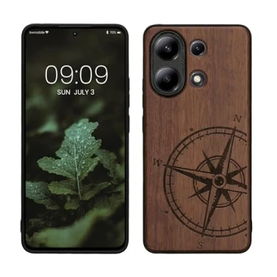 Abbildung von kwmobile Hülle kompatibel mit Xiaomi Redmi Note 13 4G Holz Case Handy Cover TPU Handyhülle in Dunkelbraun Kompass Vintage
