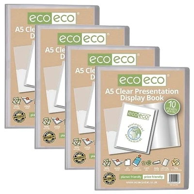 Abbildung von eco Präsentationsbuch, A5, 50% recycelt, 10 Taschen, transparent, Aufbewahrungsbox, Portfolio Kunstmappe mit Kunststoffhüllen, 4 Stück, eco126 x