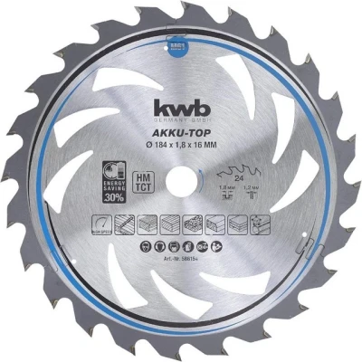 Abbildung von kwb Kreissägeblatt 184 x 16 mm, leichtgängig, speziell für Akkumaschinen, Sägeblatt geeignet Weich und Hartholz, Tischlerplatten Spanplatten