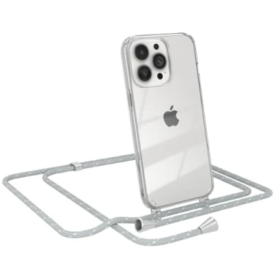 Abbildung von EAZY CASE Handy Chain kompatibel mit iPhone 13 Pro, Handykette Tasche transparent, Stoßfeste Soft Silikon TPU, Stylische Kette Hülle für Smartphone, Grau/Weiß Verschlüssen in Silber