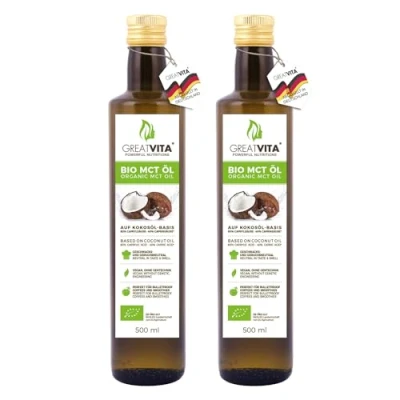Abbildung von GreatVita Bio MCT Öl auf Kokosölbasis 2x 500 ml 60% Caprylsäure (C8) &amp; 40% Caprinsäure (C10) Fettsäuren 100% reines Oil geschmacksneutral Zuckerfrei, GVO frei