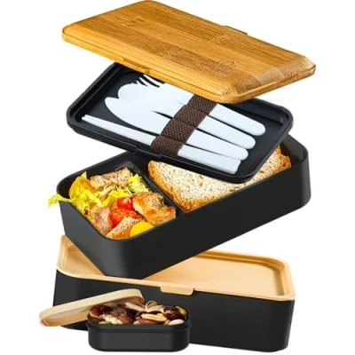 Abbildung von Umami Brotdose mit Fächern und 4 Bestecke, Alles in Einem Lunchbox Erwachsene für Männer/Frauen, Soßentöpfe, Auslaufsicher Bento Box Brotbox