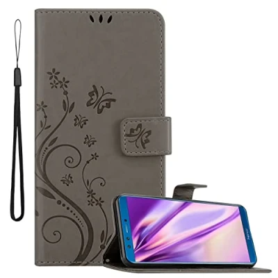 Abbildung von Cadorabo Hülle kompatibel mit Honor 9X LITE Blumen Design aus Premium Kunst Leder Flip Klappbare Stoßfeste Magnetische [Standfunktion] [Kartenfächern] Cover für Tasche in Grau