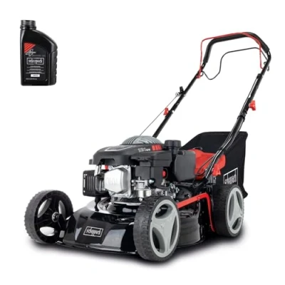 Abbildung von Scheppach Rasenmäher RM420A 5 in 1 3,3PS Schnittbreite 420mm 45L Fangkorb Schnitthöhenverstellung 25 75 mm inkl. Radantrieb, Reinigungsfunktion &amp; Motoröl