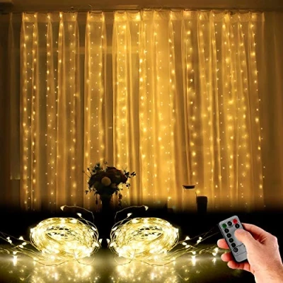 Abbildung von Lunartec Lichterketten Vorhang: 2er Set LED Lichtervorhang, 300 LED, Fernbedienung, 3 x m, warmweiß (Lichtvorhang Lichtvorhang Deko, Fernbedienungen)