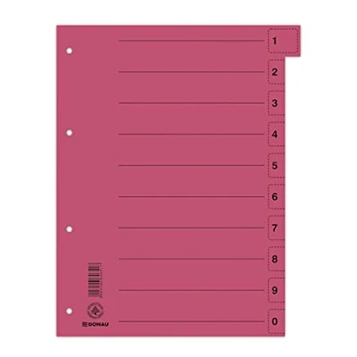 Abbildung von DONAU 8611001 04 Trennblätter 50er Pack/Farbe: Rot/Karton Register überbreit Aus Recycling Karton/für DIN A4 4 Fach Lochung Trennlaschen Ordner Register/Blauer Engel/Made in EU