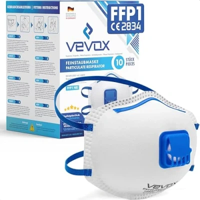 Abbildung von VEVOX® FFP1 Maske mit Ventil 5er, 10er oder 20er Set Staubmaske Atemschutzmaske Staubschutzmaske Feinstaubmaske Atemschutz z.B. gegen Feinstaub, Schleifstaub Baustaub