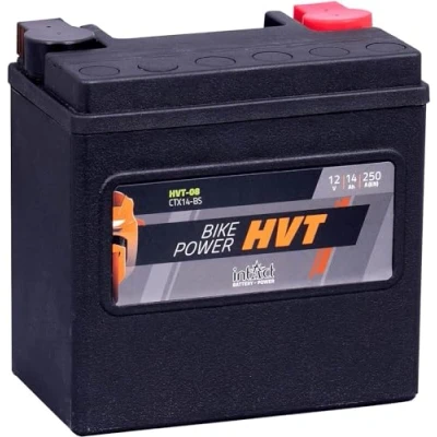 Abbildung von intAct HVT MOTORRADBATTERIE Batterie für Motorrad, Rasentraktor. Wartungsfreier &amp; auslaufsicherer Akku. 08, CTX14 BS, 65948 00, 12V Batterie, 14 AH (c20), 250 A (EN) Maße: 150x87x145mm