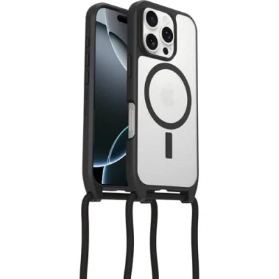 Abbildung von OtterBox React Necklace Hülle mit MagSafe für iPhone 16 Pro, ultraschlanke, schützende Verstellbarer und Abnehmbarer Handykette, Getestet nach Militärstandard, Transparent/Schwarz