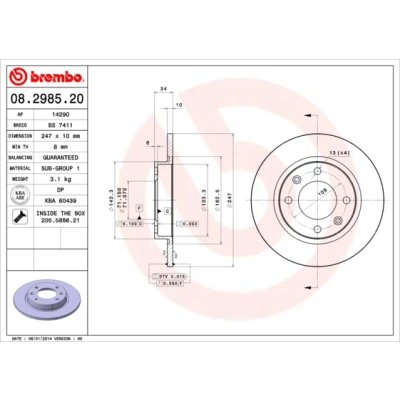 Abbildung von BREMBO 08.2985.20 Bremsscheibe 247 10 4 voll mit Schrauben PEUGEOT: 405 II Limousine