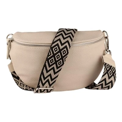 Abbildung von MIRROSI® Bauchtasche Damen, Echtleder, Made in Italy, Umhängetasche, Brusttasche, Crossbody Bag (1 Tasche &amp; 2 Gurte) (Beige (Bohemian Beige Schwarz), Mittelgroße (25x16x7cm))