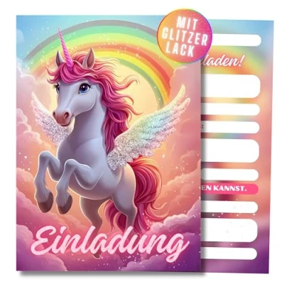 Abbildung von HIDEBLOOM I GLITZER Einhorn Einladungskarten Kindergeburtstag Mädchen 12 Stück DIN A6 (10,5 cm x 14,8 cm) Einladung Geburtstag Kinderparty Geburtstagseinladungen Kinder Pferde Regenbogen