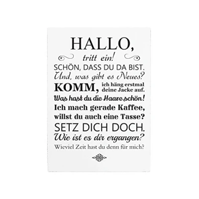 Abbildung von Interluxe 42x30cm Holzschild Hallo Tritt EIN Deko Eingang Besucher Spruch SW Geschenk Shabby