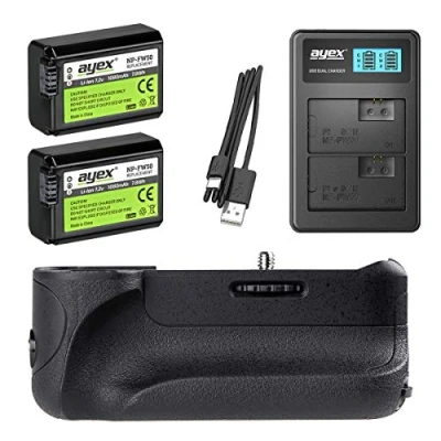 Abbildung von ayex Batteriegriff kompatibel mit Sony Alpha A6300 A6000 wie VG + 2X NP FW50 Akku USB Dual Ladegerät Akkugriff Zubehör Set 3 TLG 100%