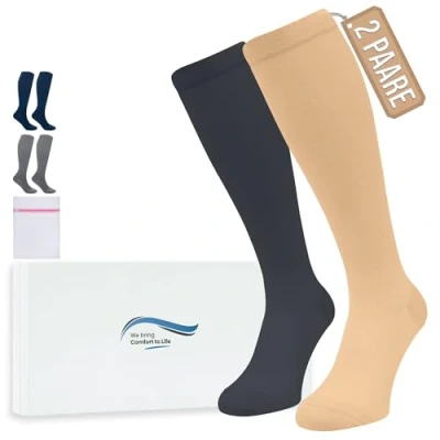Abbildung von 360 Relief Kompressionsstrümpfe Damen und Herren 2 Paare Kompressionssocken Einfarbig für Sport, Laufen, Flug, Reise, Joggen, Radsport, Kniestrümpfe, L/XL Beige&amp;Schwarz mit Wäschenetz