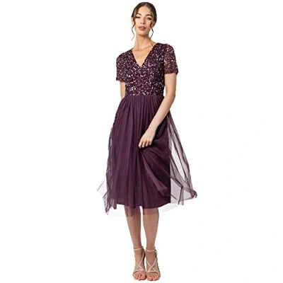 Abbildung von Maya Deluxe Damen Midi Kleid mit V Ausschnitt, Verziert Brautjungfernkleid, Beere, 38 EU